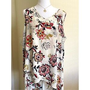 Chelsea & Theodore Cream Floral Sleeveless Blouse with Pink, Red & Navy Accents